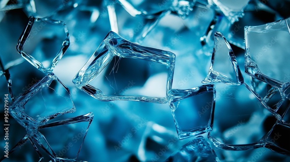 A close-up view of shattered blue glass fragments, showcasing intricate details and sharp edges. A close-up view of shattered blue glass fragments, showcasing intricate details and sharp edges.