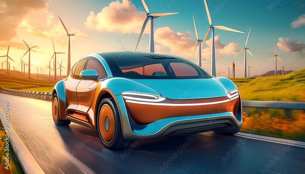 Fototapeta premium Silver sports car speeding on a highway, side view with motion blur, showcasing luxury design and modern features