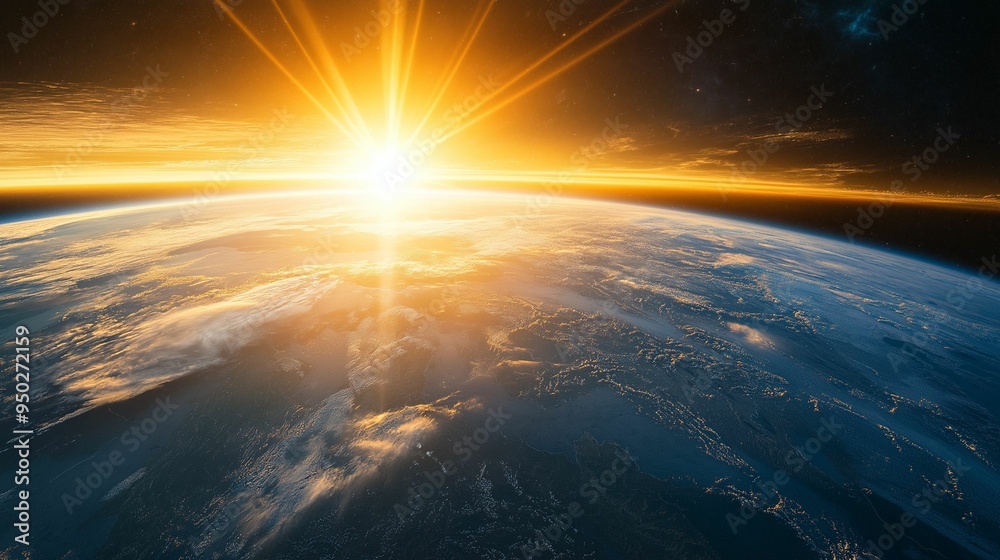 A breathtaking view of the sunrise illuminating the Earth's surface from space. A breathtaking view of the sunrise illuminating the Earth's surface from space.