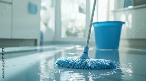 A mop cleaning a wet tile floor in a bright, modern kitchen. Blue bucket in the background.