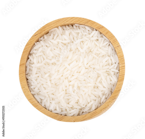 white rice in wooden bowl ,top view