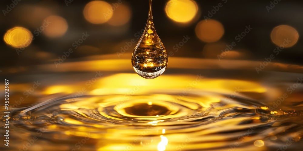 A golden teardrop of liquid in a pool of golden liquid.