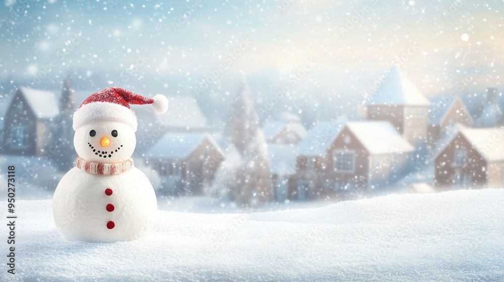 Fototapeta premium Happy snowman standing in christmas landscape. Snow background with copy space