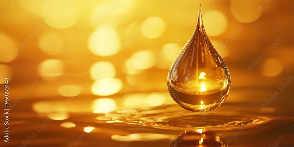 A golden teardrop of liquid in a pool of golden liquid. A golden teardrop of liquid in a pool of golden liquid.