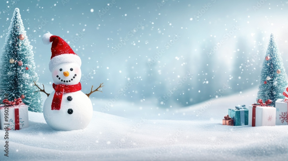 Happy snowman standing in christmas landscape. Snow background with copy space Happy snowman standing in christmas landscape. Snow background with copy space