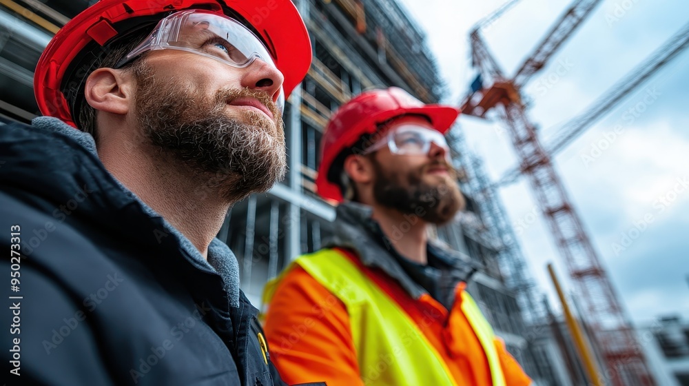 Obraz premium Two construction supervisors on a building site, equipped with safety gear, overseeing projects, symbolizing leadership, supervision, and safety compliance in the industrial sector.