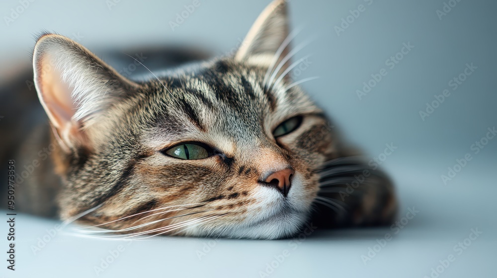 A close-up of a cat resting peacefully on a gray surface, capturing the animal's serene and peaceful nature, as well as the beauty and detail of its fur and features. A close-up of a cat resting peacefully on a gray surface, capturing the animal's serene and peaceful nature, as well as the beauty and detail of its fur and features.