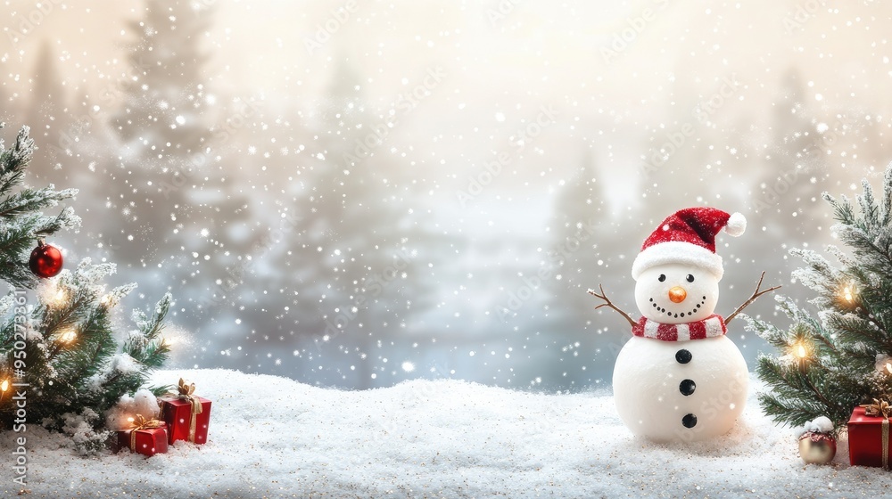 Fototapeta premium Happy snowman standing in christmas landscape. Snow background with copy space