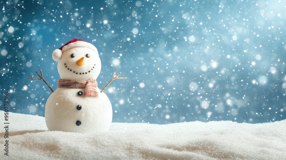 Fototapeta premium Happy snowman standing in christmas landscape. Snow background with copy space