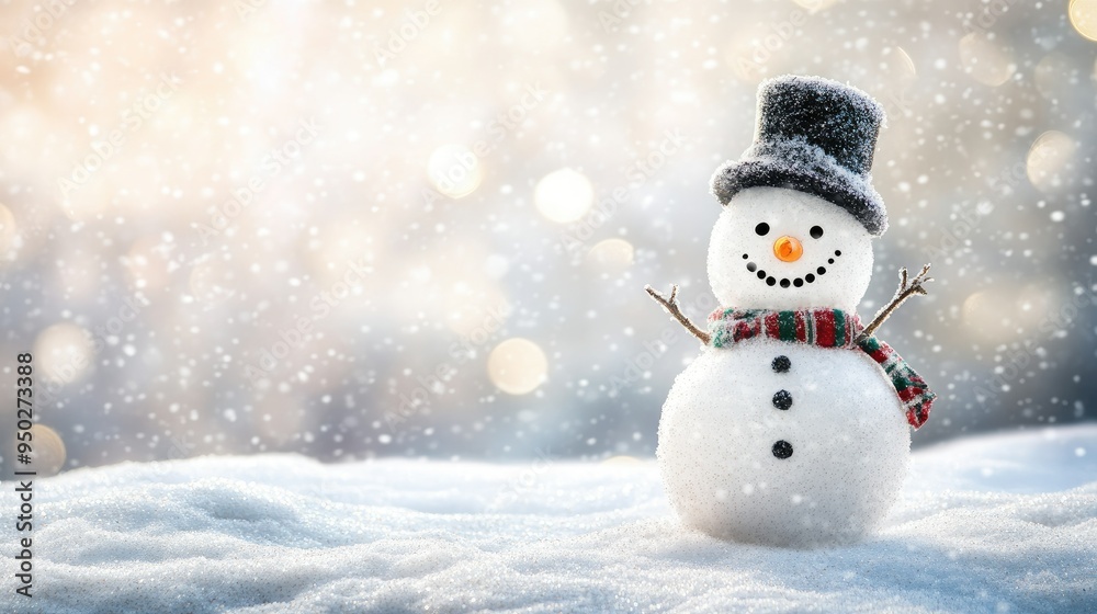 Fototapeta premium Happy snowman standing in christmas landscape. Snow background with copy space