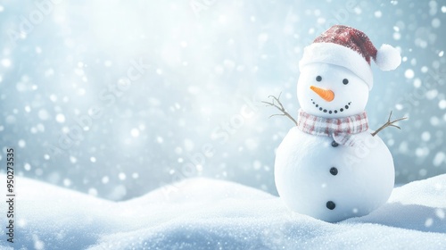 Happy snowman standing in christmas landscape. Snow background with copy space