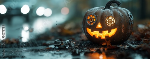 Glowing Steampunk Jack o Lantern on Wet Pavement with Autumn Leaves photo