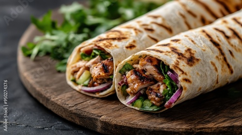 A mouth-watering grilled wrap stuffed with tender meat, fresh greens, red onions, and herbs, resting on a wooden serving board for a delightful meal presentation. photo