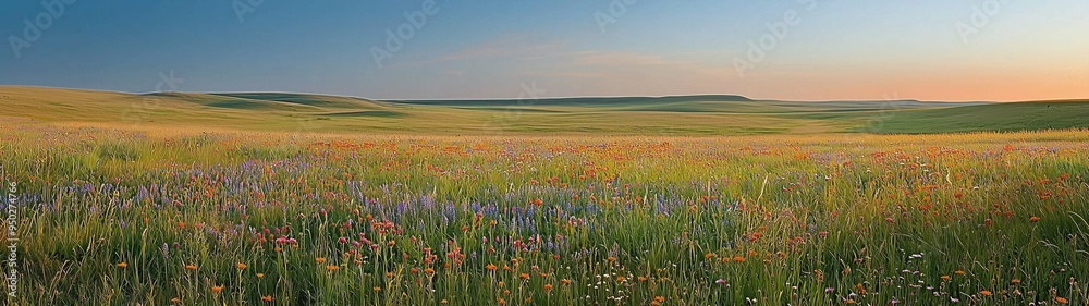 Obraz premium A panoramic view of a vibrant wildflower meadow under a clear sky, showcasing the natural beauty and diversity of wildflowers in full bloom.