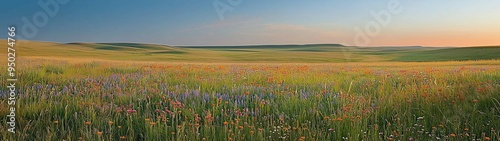 A panoramic view of a vibrant wildflower meadow under a clear sky, showcasing the natural beauty and diversity of wildflowers in full bloom.