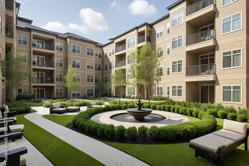 Courtyard Serenity: Modern Apartment Complex with Landscaped Lawns, Water Fountain, and Stylish Outdoor Seating