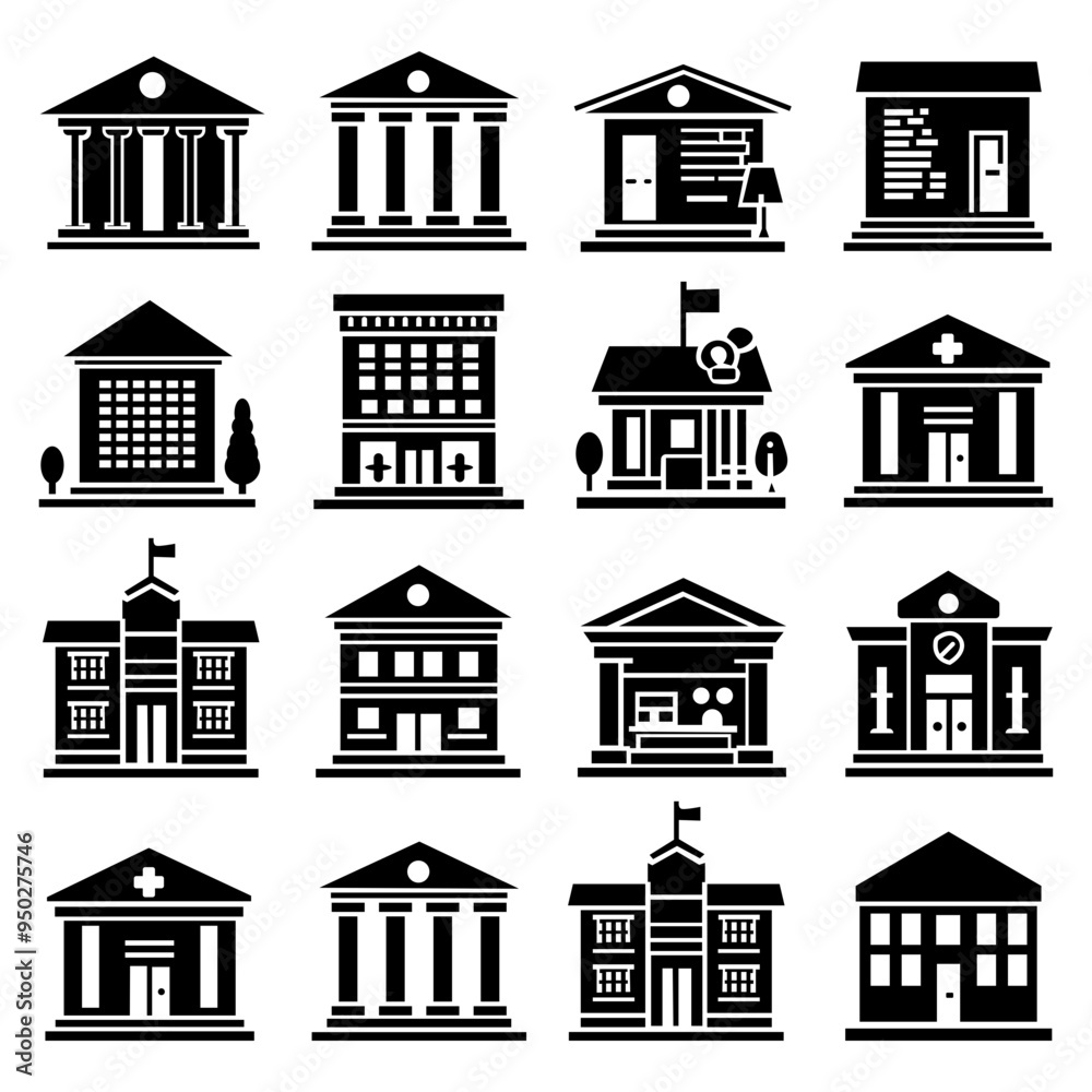 Building flat icons set. Bank, shop, office, school, hotel, church, public building icons and more signs. Flat icon collection. Building flat icons set. Bank, shop, office, school, hotel, church, public building icons and more signs. Flat icon collection.