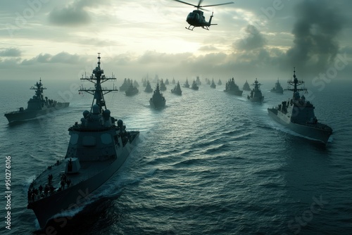 A large naval fleet advances under stormy clouds with a helicopter overhead, emphasizing readiness and strength amidst a turbulent marine environment. photo
