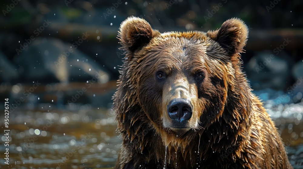 A large brown bear wading through a river on a sunny day. A large brown bear wading through a river on a sunny day.