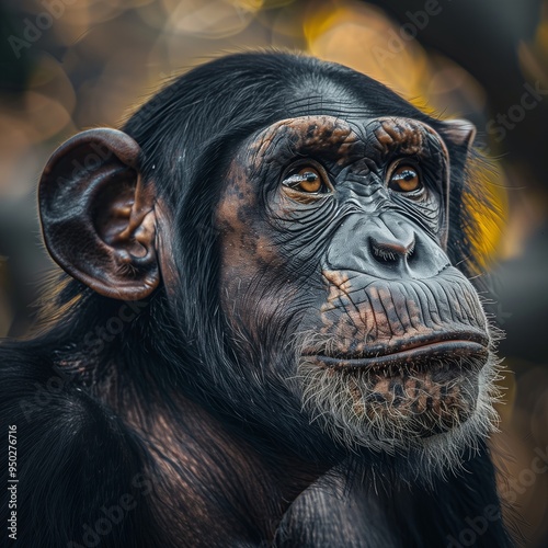 close up playful chimpanzee with a rich, textured coat and an inquisitive look, softly blurred natural habitat, soft, natural accentuating the chimpanzee s features and photo