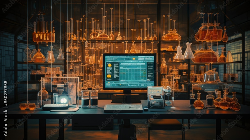 Medical research lab with glowing test tubes and digital charts Medical research lab with glowing test tubes and digital charts