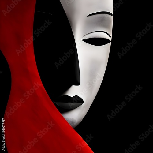 THEATRICAL ILLUSTRATION OF MINIMAL RED AND BLACK MASKS 1. photo