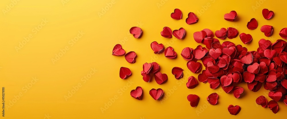 Red Paper Hearts Scattered on a Yellow Background Red Paper Hearts Scattered on a Yellow Background