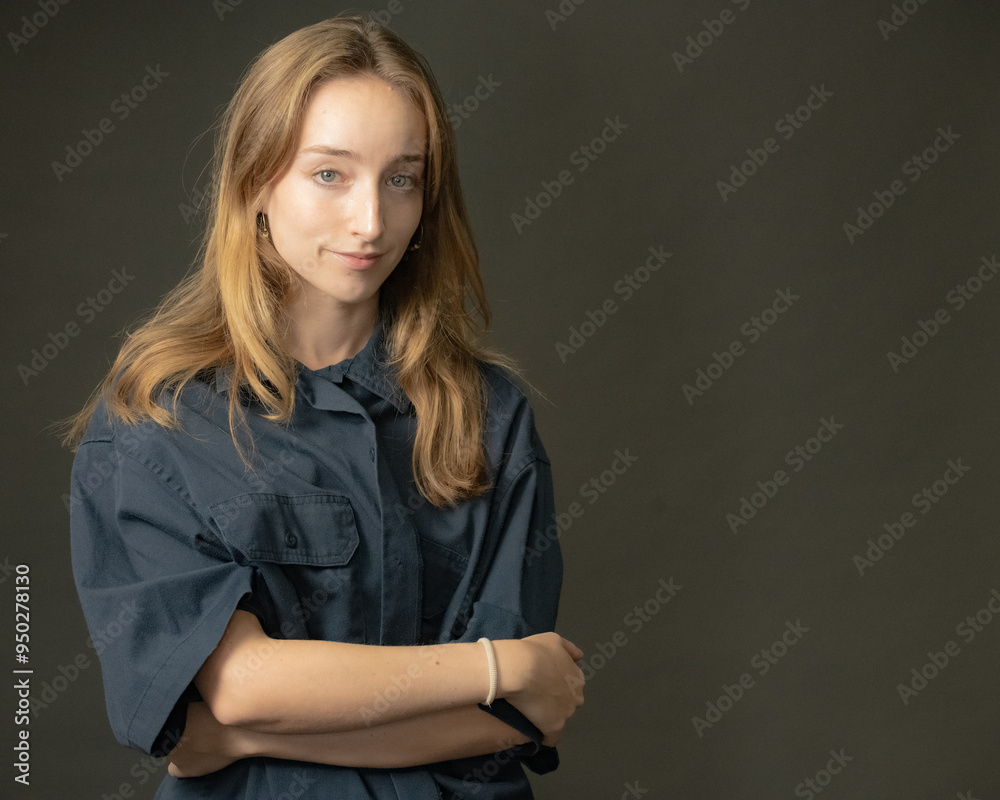 A thoughtful young woman with blonde hair wearing a navy blue shirt poses pensively against a dark grey studio backdrop, creating a contemplative and introspective mood.