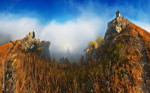 fog in the canyon. Autumn morning in the Dnister river valley. Nature of Ukraine