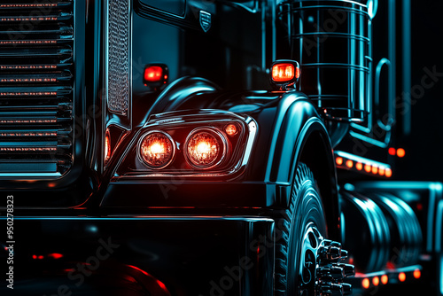 Close up of the front of a black truck on a dark background