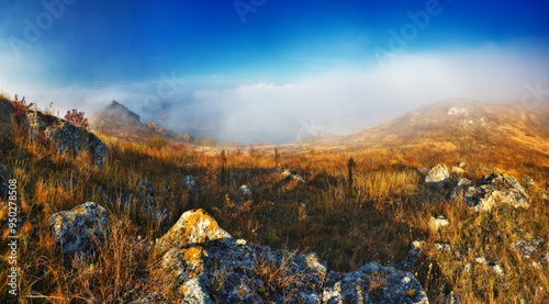 fog in the canyon. Autumn morning in the Dnister river valley. Nature of Ukraine
