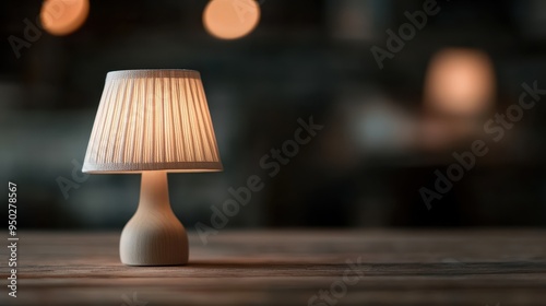 A small, warmly lit lamp with a beige shade sits on a wooden table, casting a cozy glow. The background is blurred, creating a calm, comfortable atmosphere.