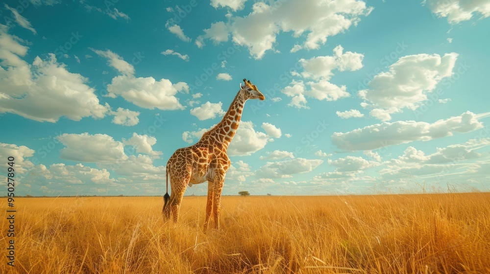 Fototapeta premium A giraffe stands alone in a vast, open field under a sky filled with wispy clouds.