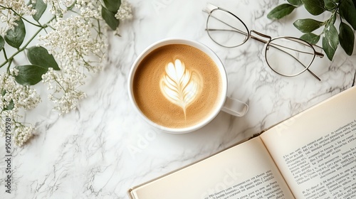 Wallpaper Mural A minimalist flat lay featuring a cup of coffee, an open book, and a pair of glasses, creating a cozy and intellectual atmosphere. Torontodigital.ca