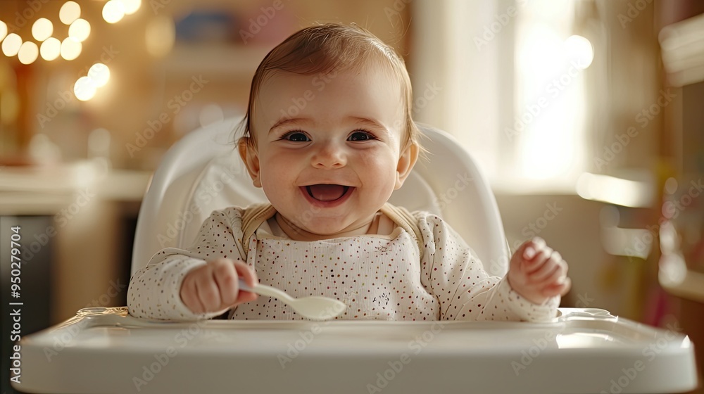 A baby sitting in a high chair, smiling and reaching for a spoon during mealtime. A baby sitting in a high chair, smiling and reaching for a spoon during mealtime.
