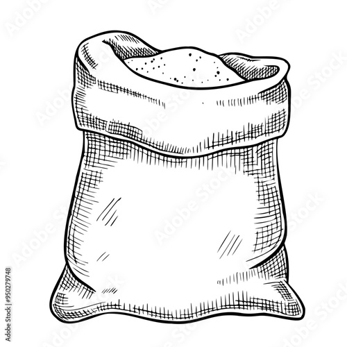 Sack of Flour vector illustration. Drawing of burlap bag whole of cereal grain painted by black inks in line art style. Ingredient for pastry and bakery. Outline etching for product label.