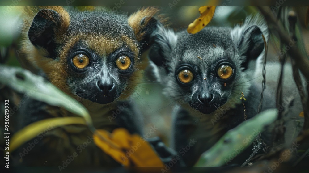 Fototapeta premium Two baby gorillas peeking at the camera with surprised expressions, possibly in a jungle setting.