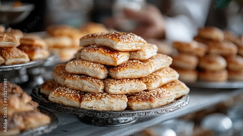 A tempting array of puff pastries arranged in a pyramid on a decorative stand, each piece topped with golden sesame seeds, capturing their flaky and crispy texture. A tempting array of puff pastries arranged in a pyramid on a decorative stand, each piece topped with golden sesame seeds, capturing their flaky and crispy texture.
