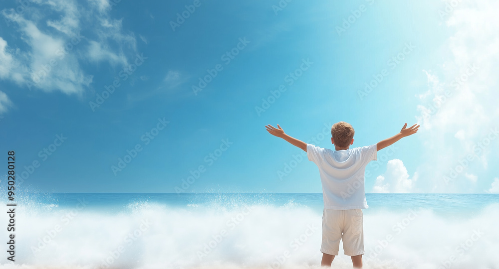 Boy enjoying the ocean waves on a sunny beach day Boy enjoying the ocean waves on a sunny beach day