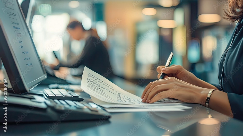Naklejka premium A bank teller assisting a customer at a counter, with financial documents and a computer on the desk.