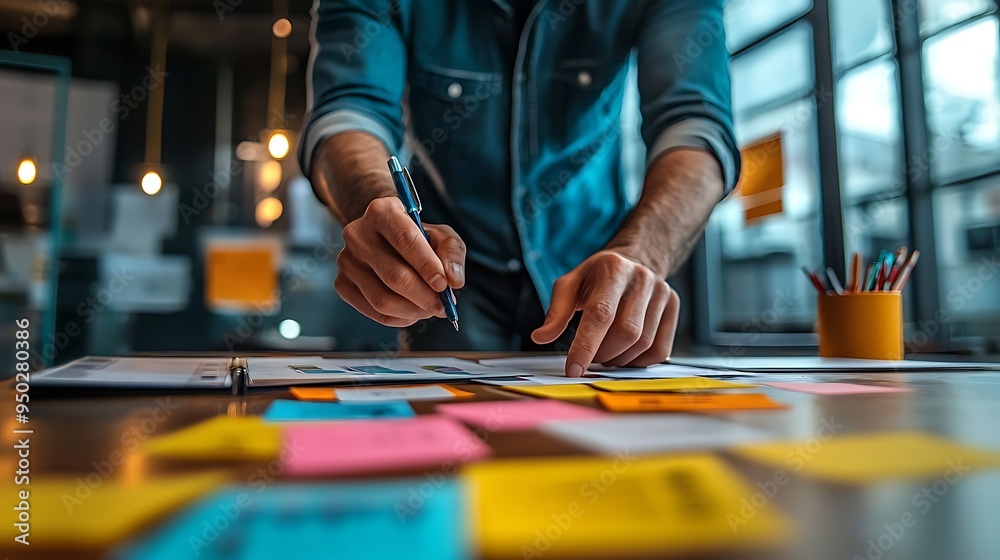 A businessman meticulously plans, surrounded by sticky notes and data charts. A businessman meticulously plans, surrounded by sticky notes and data charts.