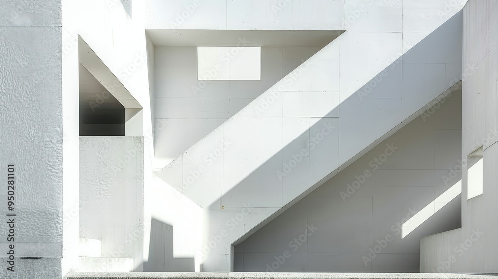 Fototapeta premium Minimalist white concrete building with geometric cutouts and shadows