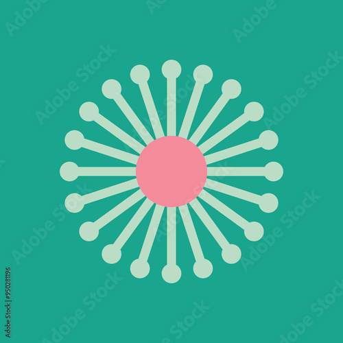 Christmas 70s Retro Modern Vector Floral, Vintage-inspired floral vector with a teal background, featuring a soft pink central circle surrounded by radiating mint green lines, a classic graphic icon