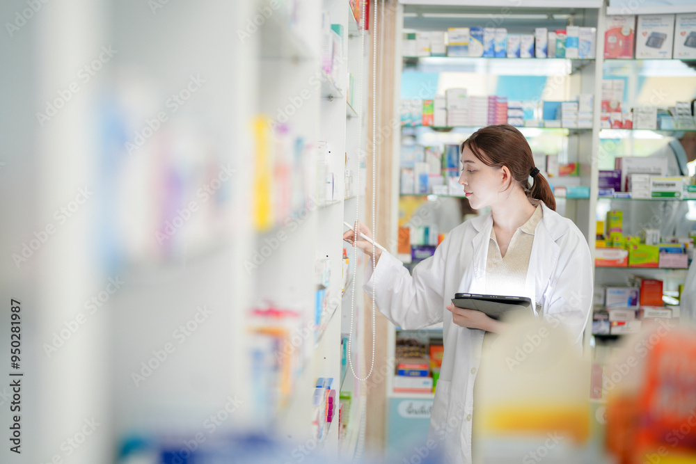 woman pharmacist checks and arranges medicines on pharmacy shelves, emphasizing precision and responsibility in healthcare services. The scene highlights the daily operations in a modern pharmacy. woman pharmacist checks and arranges medicines on pharmacy shelves, emphasizing precision and responsibility in healthcare services. The scene highlights the daily operations in a modern pharmacy.