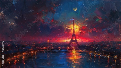 An oil painting of the Eiffel Tower with the sun setting behind it, illuminating the sky with warm colors reflecting on the river, symbolizing Paris's enchanting evenings. photo