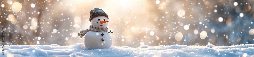 a cute cheerful snowman in the snow in a winter park with beautiful bokeh a cute cheerful snowman in the snow in a winter park with beautiful bokeh