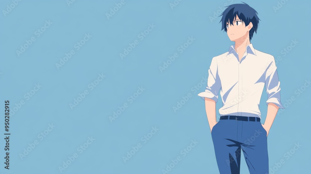 Anime-Inspired Character in Early 20s Wearing Blue Trousers and White Shirt on solid background with copy space Anime-Inspired Character in Early 20s Wearing Blue Trousers and White Shirt on solid background with copy space