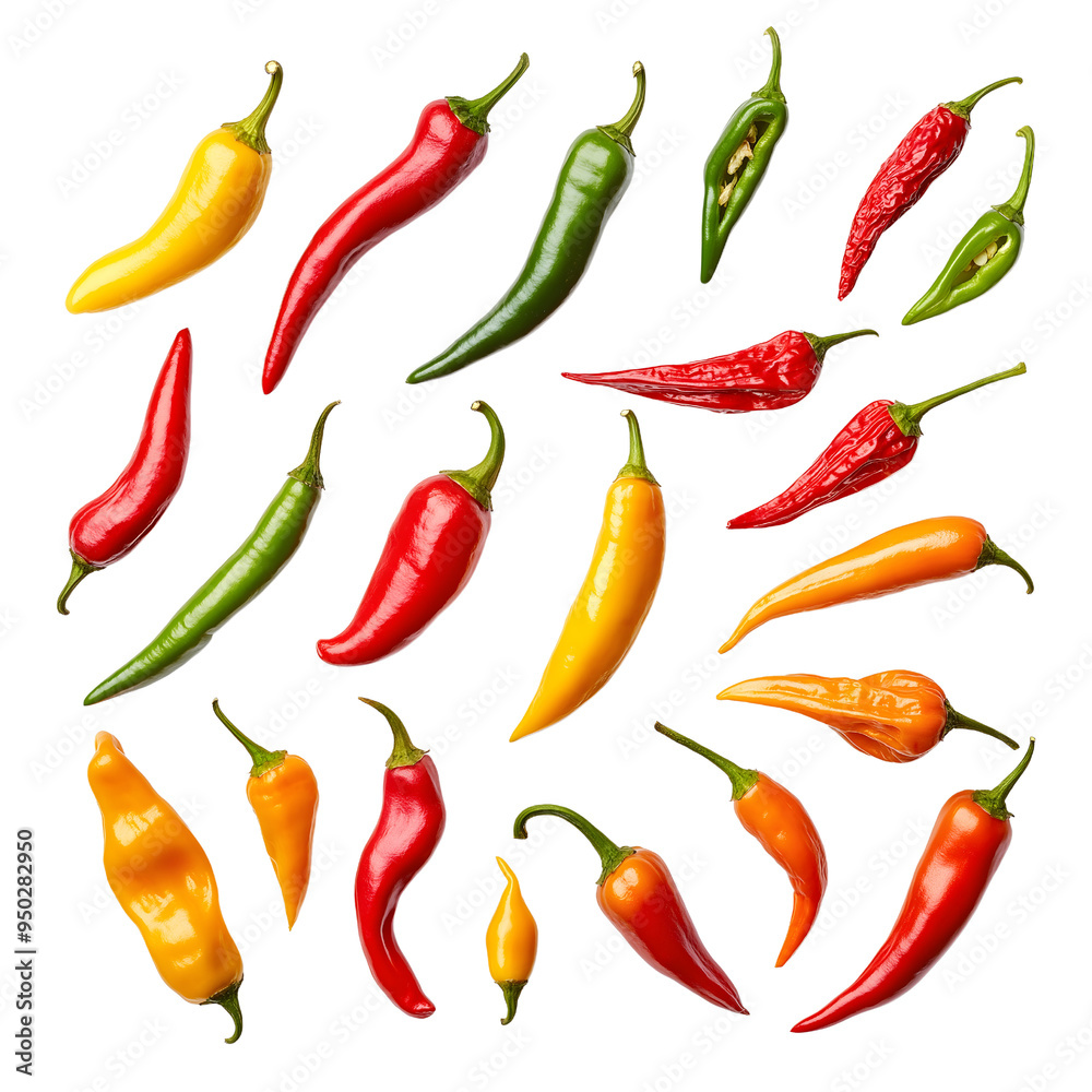 A set of chilies displayed in a flat lay view on a transparent background, showcasing different types and colors.. A set of chilies displayed in a flat lay view on a transparent background, showcasing different types and colors..