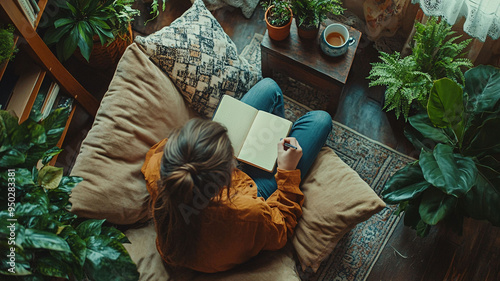 Woman writing in a cozy plant-filled nook photo