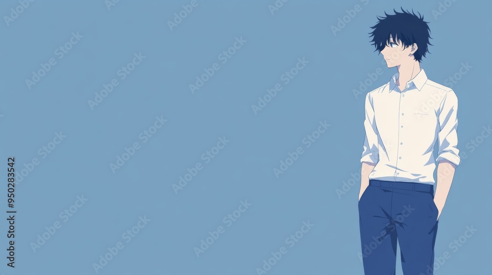 Anime-Inspired Character in Early 20s Wearing Blue Trousers and White Shirt on solid background with copy space Anime-Inspired Character in Early 20s Wearing Blue Trousers and White Shirt on solid background with copy space